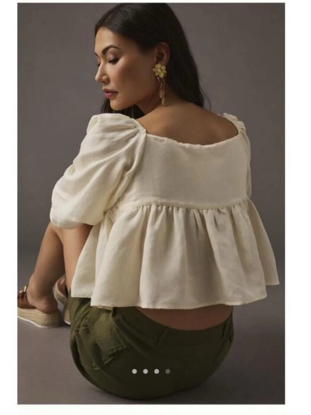 Anthropologie Cream Crochet Yoke Puff Sleeve Top